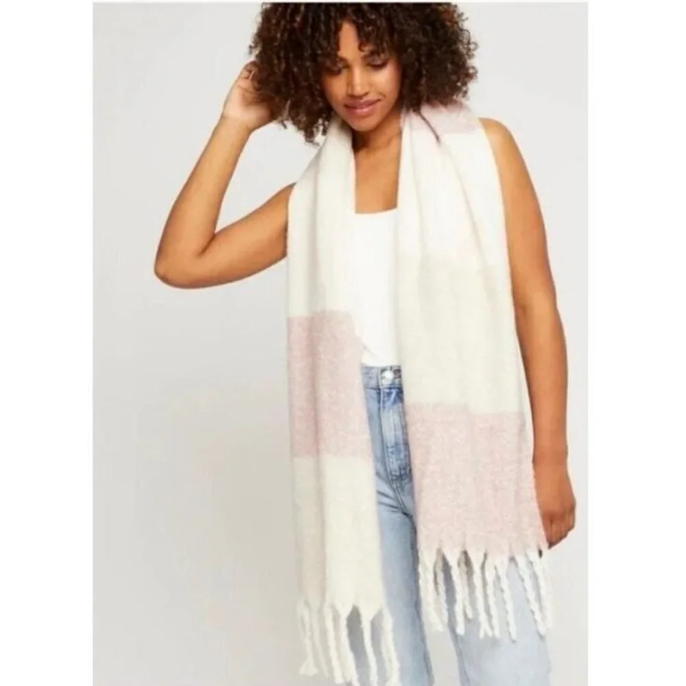 Gentle Fawn Huntington Fringed Scarf Pale Pink Off White Plaid Womens 65x15 NWT